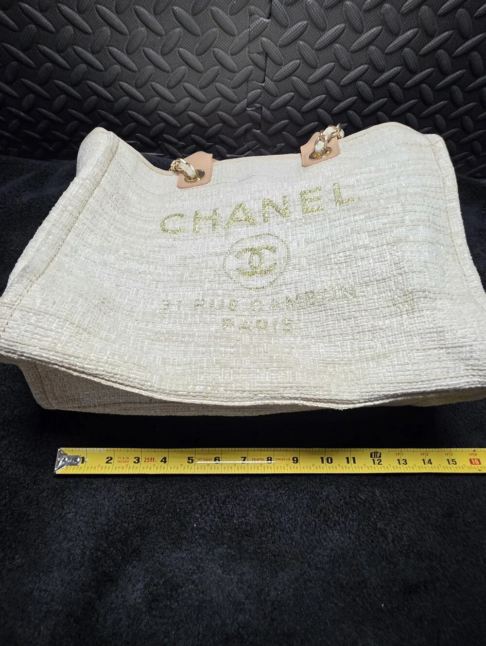 CHANEL Medium Deauville Tote Beige Raffia Glitter Gold Hardware